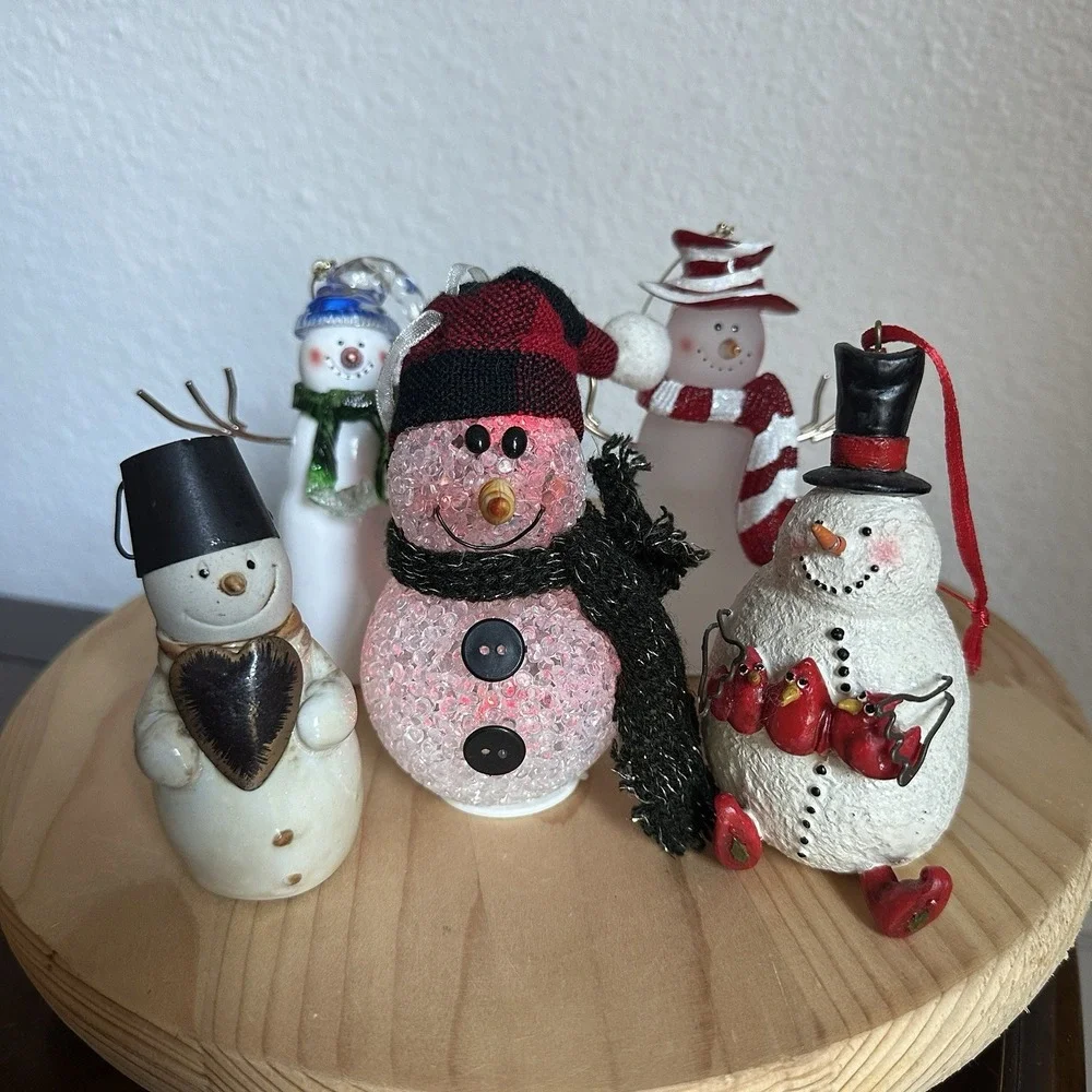 Assorted Christmas Snowman Figurines 4-5 Inch Metal Ceramic Glass Resin Lot Of 5